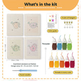 What is in the Pastel Watering Cans set: 4 printed canvases, punch needle, threader, threads, color guide and 4 sets of hangers (6 × 8 in (15 × 20 cm) each)
