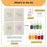 What is in the Pastel Watering Cans set, 8 × 12 in (20 × 30 cm) each: 4 printed canvases, punch needle, threader, threads, color guide and 4 sets of hangers