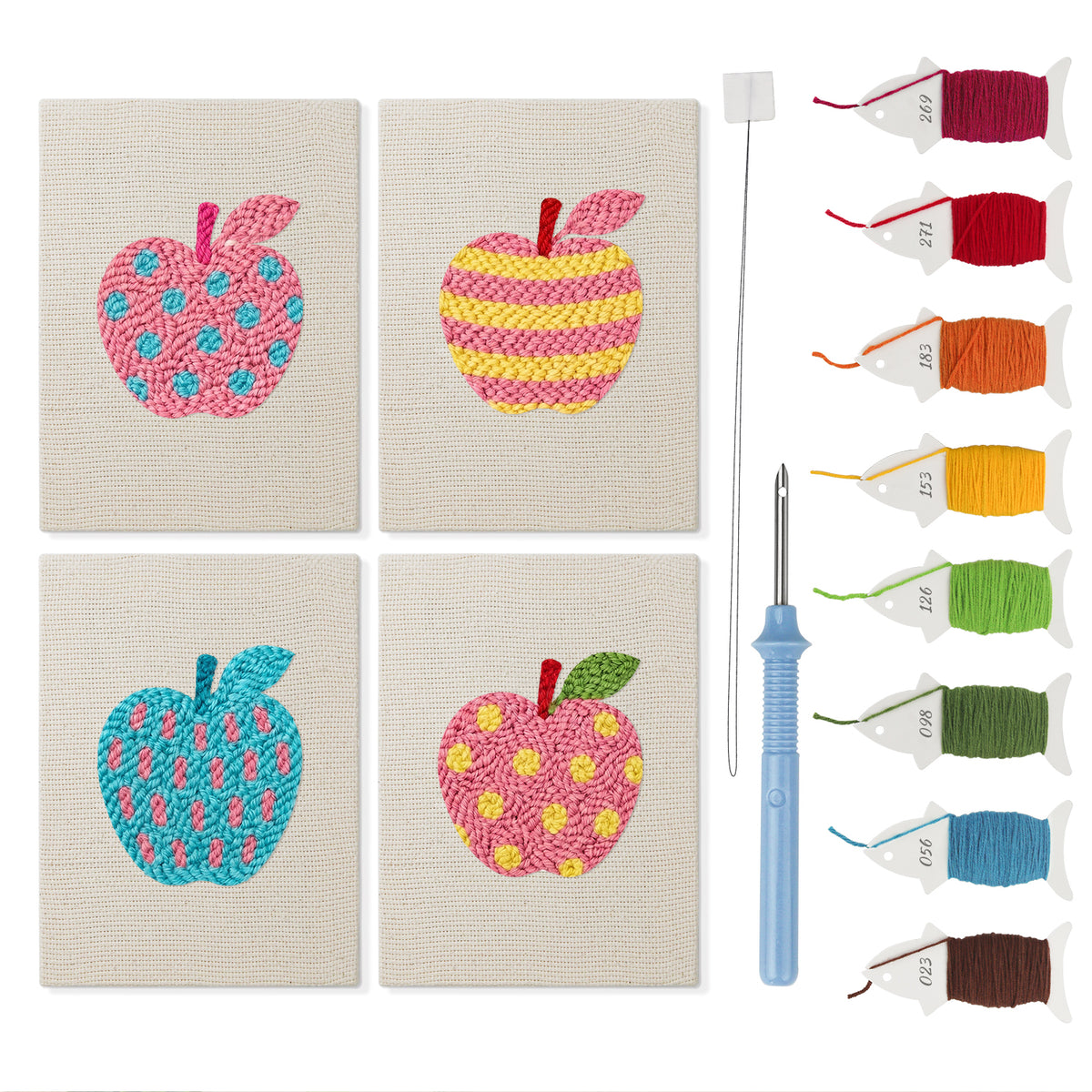 Patterned Apples mini punch needle kit set: four finished canvases with threads, punch needle and threader