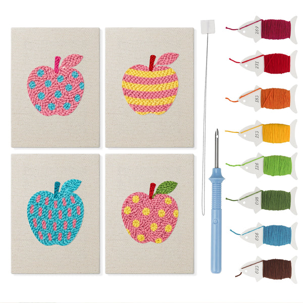 Patterned Apples mini punch needle kit set: four finished canvases with threads, punch needle and threader
