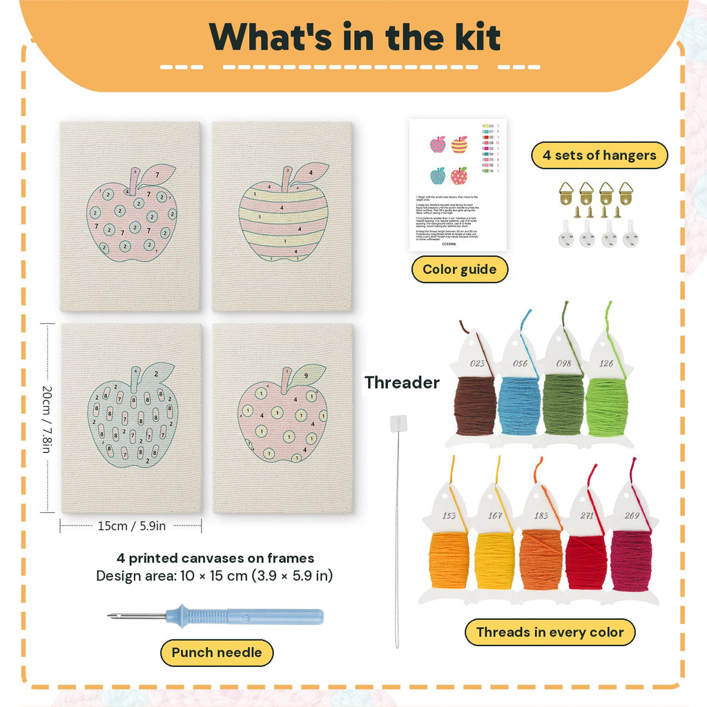 What is in the Patterned Apples set: 4 printed canvases, punch needle, threader, threads, color guide and 4 sets of hangers (6 × 8 in (15 × 20 cm) each)