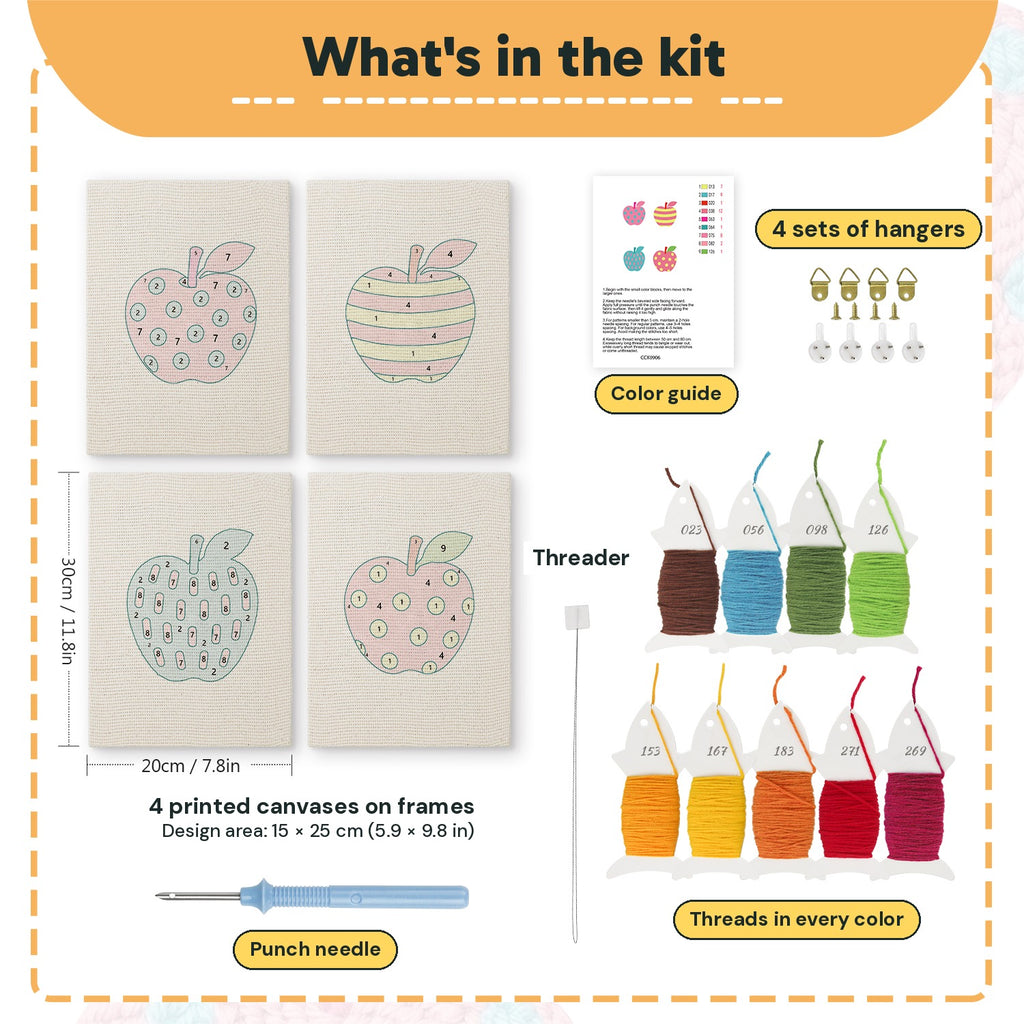 What is in the Patterned Apples set, 8 × 12 in (20 × 30 cm) each: 4 printed canvases, punch needle, threader, threads, color guide and 4 sets of hangers