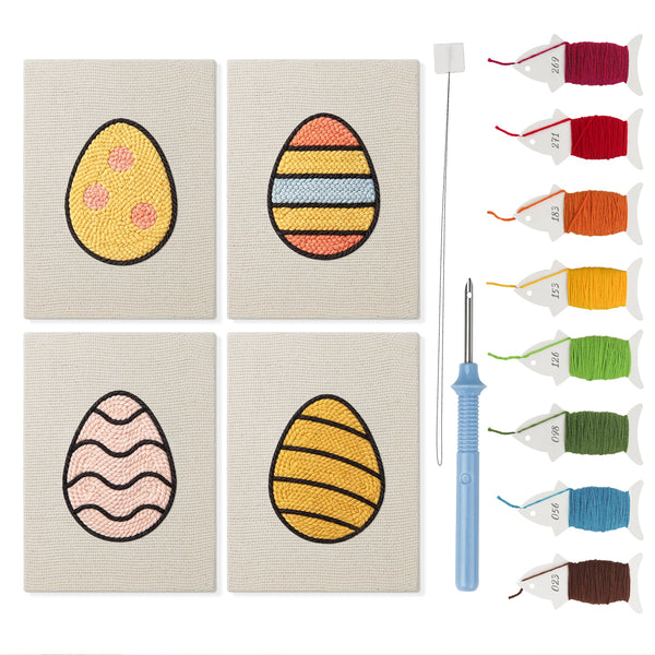 Patterned Easter Eggs mini punch needle kit set: four finished canvases with threads, punch needle and threader