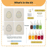 What is in the Patterned Easter Eggs set, 8 × 12 in (20 × 30 cm) each: 4 printed canvases, punch needle, threader, threads, color guide and 4 sets of hangers