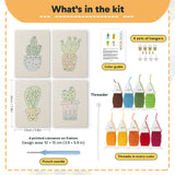 What is in the Patterned Pot Cacti set: 4 printed canvases, punch needle, threader, threads, color guide and 4 sets of hangers (6 × 8 in (15 × 20 cm) each)