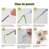 Six steps showing how to thread and use the punch needle