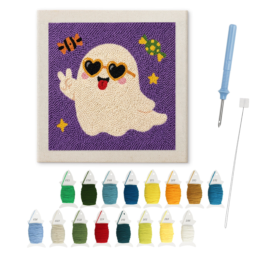 Peace Sign Ghost punch needle kit: finished canvas with threads, punch needle and threader