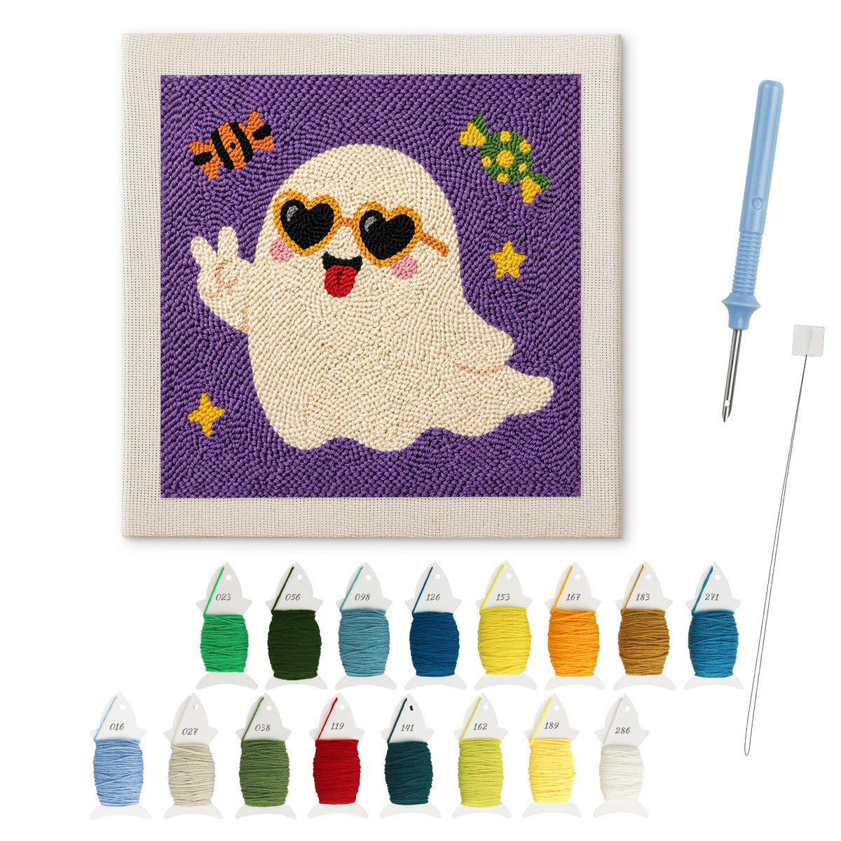 Peace Sign Ghost punch needle kit: finished canvas with threads, punch needle and threader