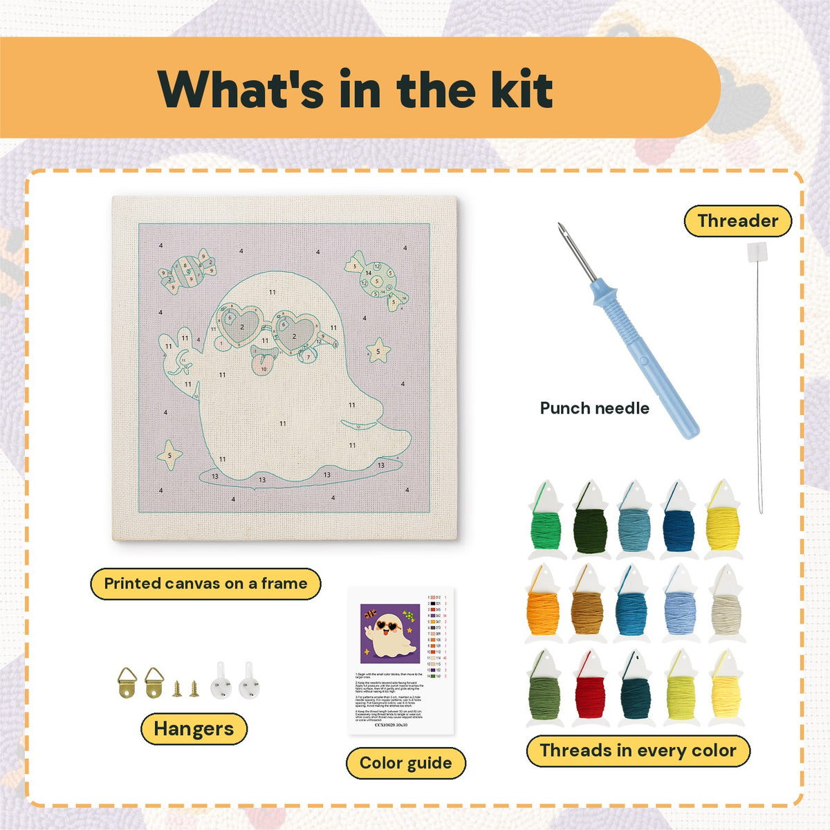 What is in the Peace Sign Ghost kit: printed canvas, punch needle, threader, threads, color guide and hangers