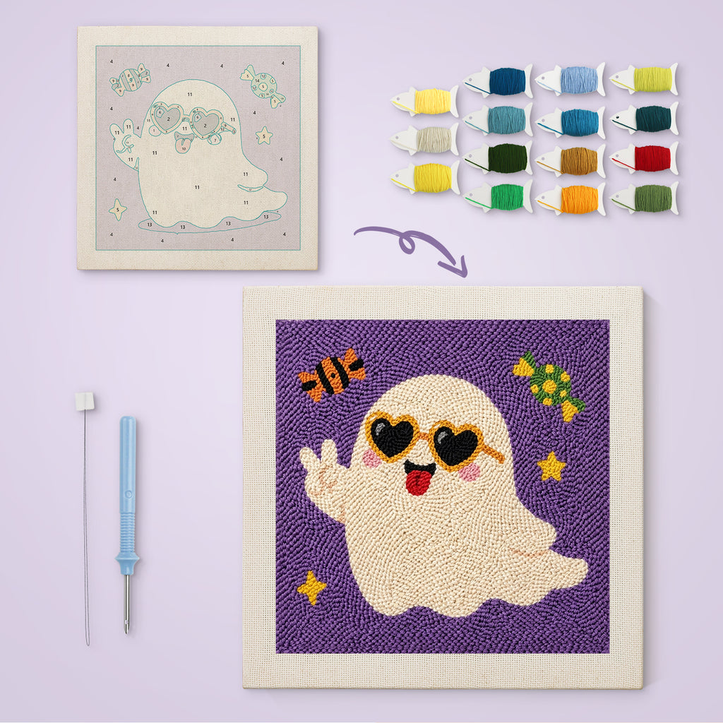 Peace Sign Ghost canvas before and after punching, with the threads and tools