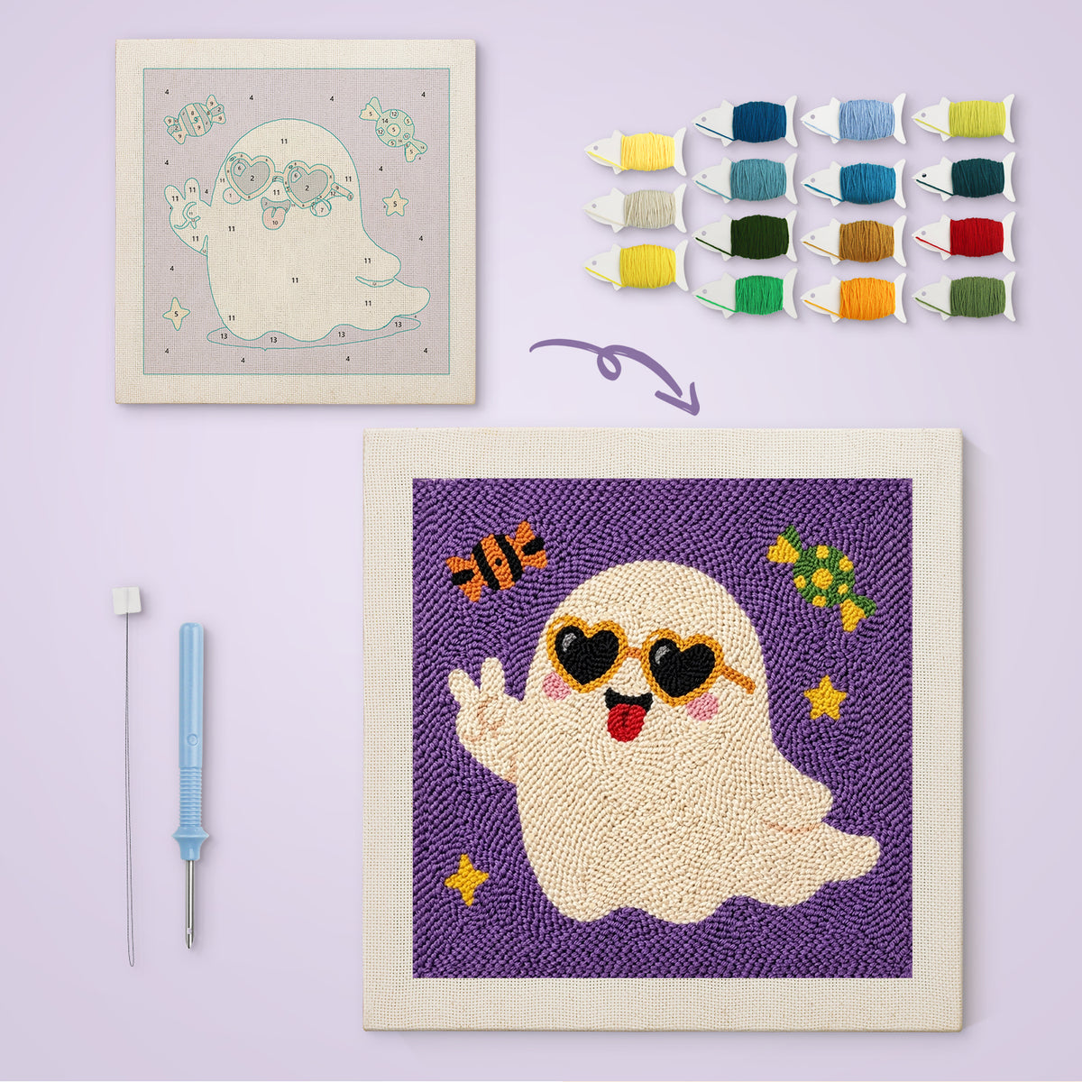 Peace Sign Ghost canvas before and after punching, with the threads and tools