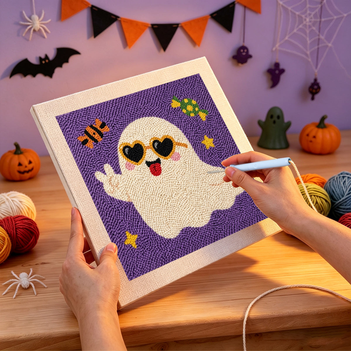Punching the Peace Sign Ghost design with the punch needle