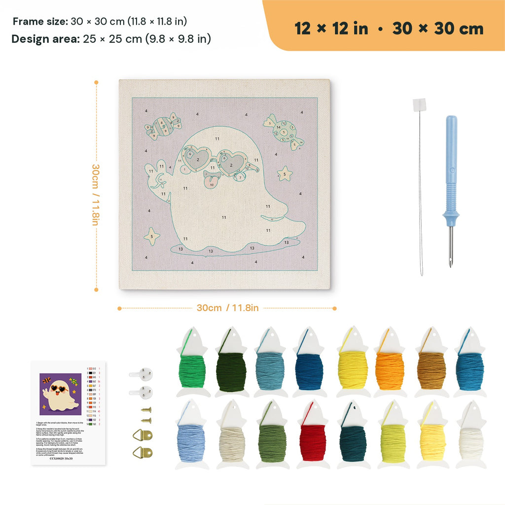 Peace Sign Ghost punch needle kit, 12 × 12 in (30 × 30 cm): canvas size and kit contents