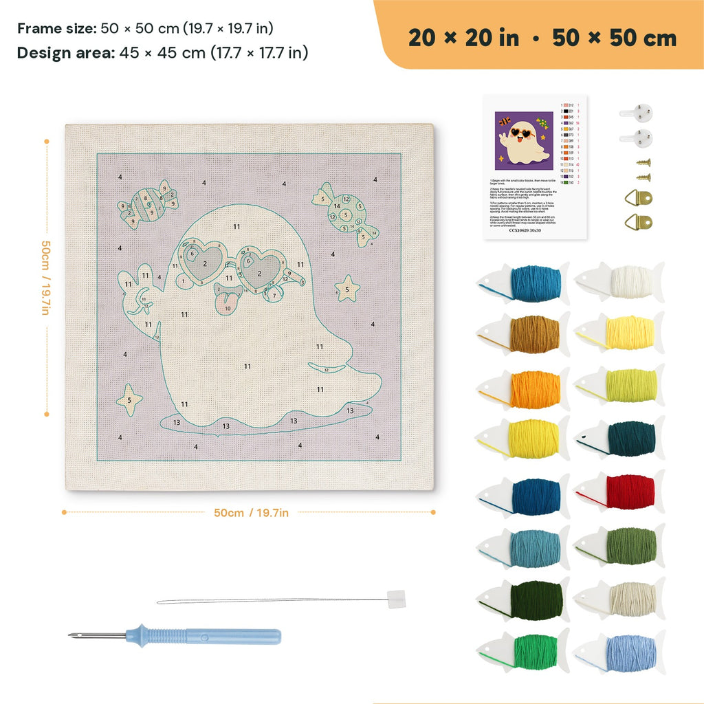 Peace Sign Ghost punch needle kit, 20 × 20 in (50 × 50 cm): canvas size and kit contents