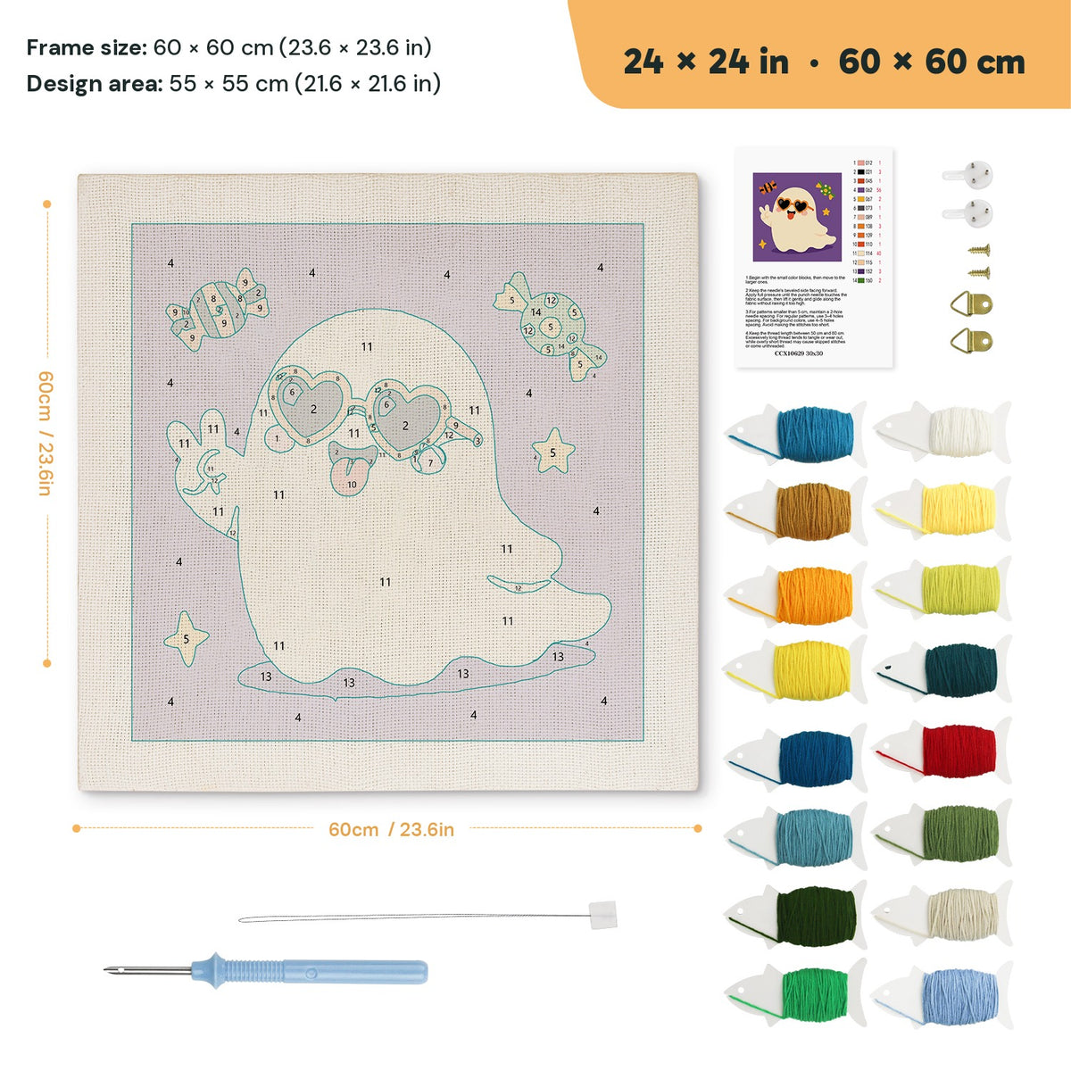 Peace Sign Ghost punch needle kit, 24 × 24 in (60 × 60 cm): canvas size and kit contents