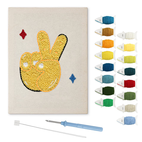 Peace Sign Hand punch needle kit: finished canvas with threads, punch needle and threader