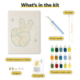 What is in the Peace Sign Hand kit: printed canvas, punch needle, threader, threads, color guide and hangers