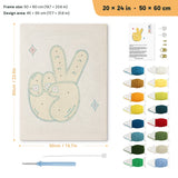 Peace Sign Hand punch needle kit, 20 × 24 in (50 × 60 cm): canvas size and kit contents