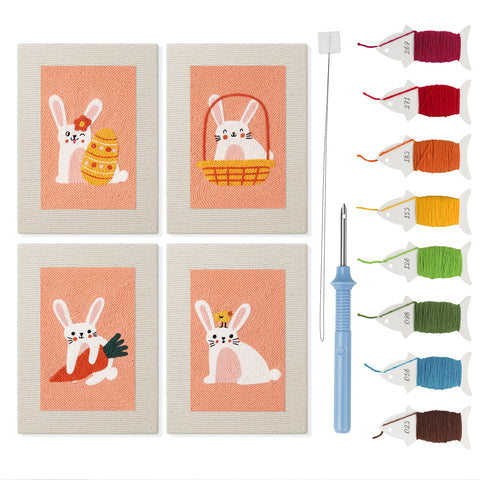 Peach Easter Bunnies mini punch needle kit set: four finished canvases with threads, punch needle and threader
