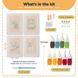 What is in the Peach Easter Bunnies set: 4 printed canvases, punch needle, threader, threads, color guide and 4 sets of hangers (6 × 8 in (15 × 20 cm) each)