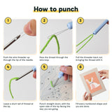 Six steps showing how to thread and use the punch needle