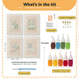 What is in the Peach Easter Bunnies set, 8 × 12 in (20 × 30 cm) each: 4 printed canvases, punch needle, threader, threads, color guide and 4 sets of hangers