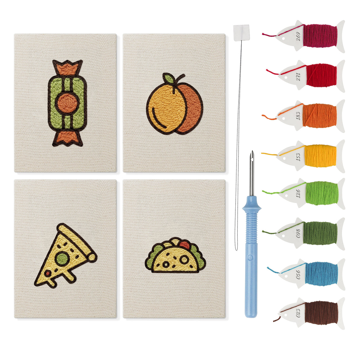 Peach Pizza Party mini punch needle kit set: four finished canvases with threads, punch needle and threader