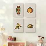 The four Peach Pizza Party mini canvases on a wall above a shelf