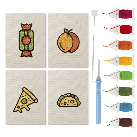 Peach Pizza Party mini punch needle kit set: four finished canvases with threads, punch needle and threader