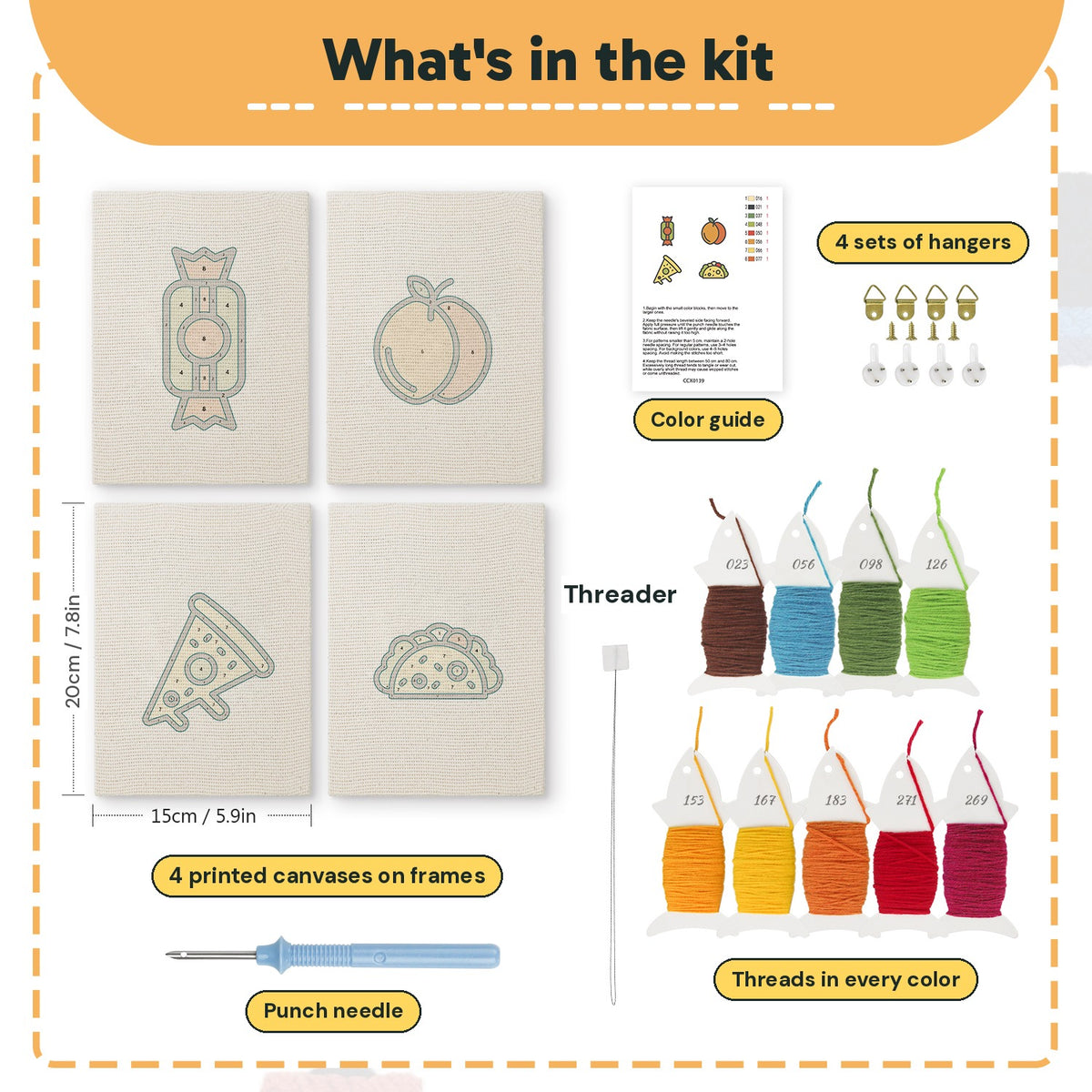 What is in the Peach Pizza Party set: 4 printed canvases, punch needle, threader, threads, color guide and 4 sets of hangers (6 × 8 in (15 × 20 cm) each)