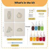 What is in the Peach Pizza Party set: 4 printed canvases, punch needle, threader, threads, color guide and 4 sets of hangers (6 × 8 in (15 × 20 cm) each)