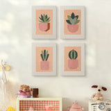 The four Peach Succulents mini canvases on a wall above a shelf