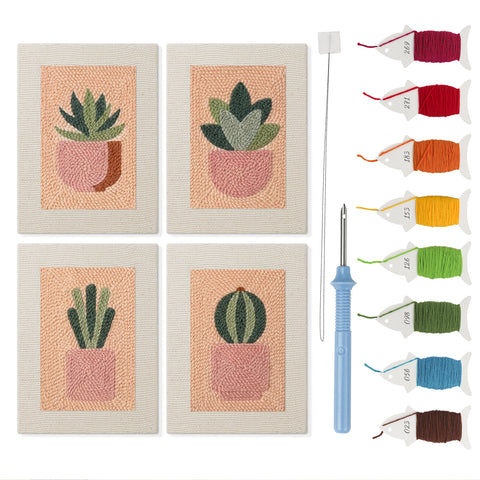 Peach Succulents mini punch needle kit set: four finished canvases with threads, punch needle and threader