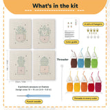 What is in the Peach Succulents set: 4 printed canvases, punch needle, threader, threads, color guide and 4 sets of hangers (6 × 8 in (15 × 20 cm) each)
