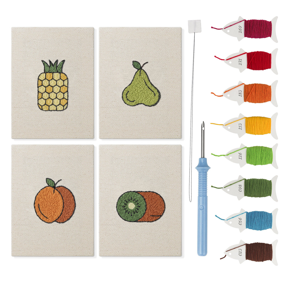 Pear Peach Pineapple mini punch needle kit set: four finished canvases with threads, punch needle and threader