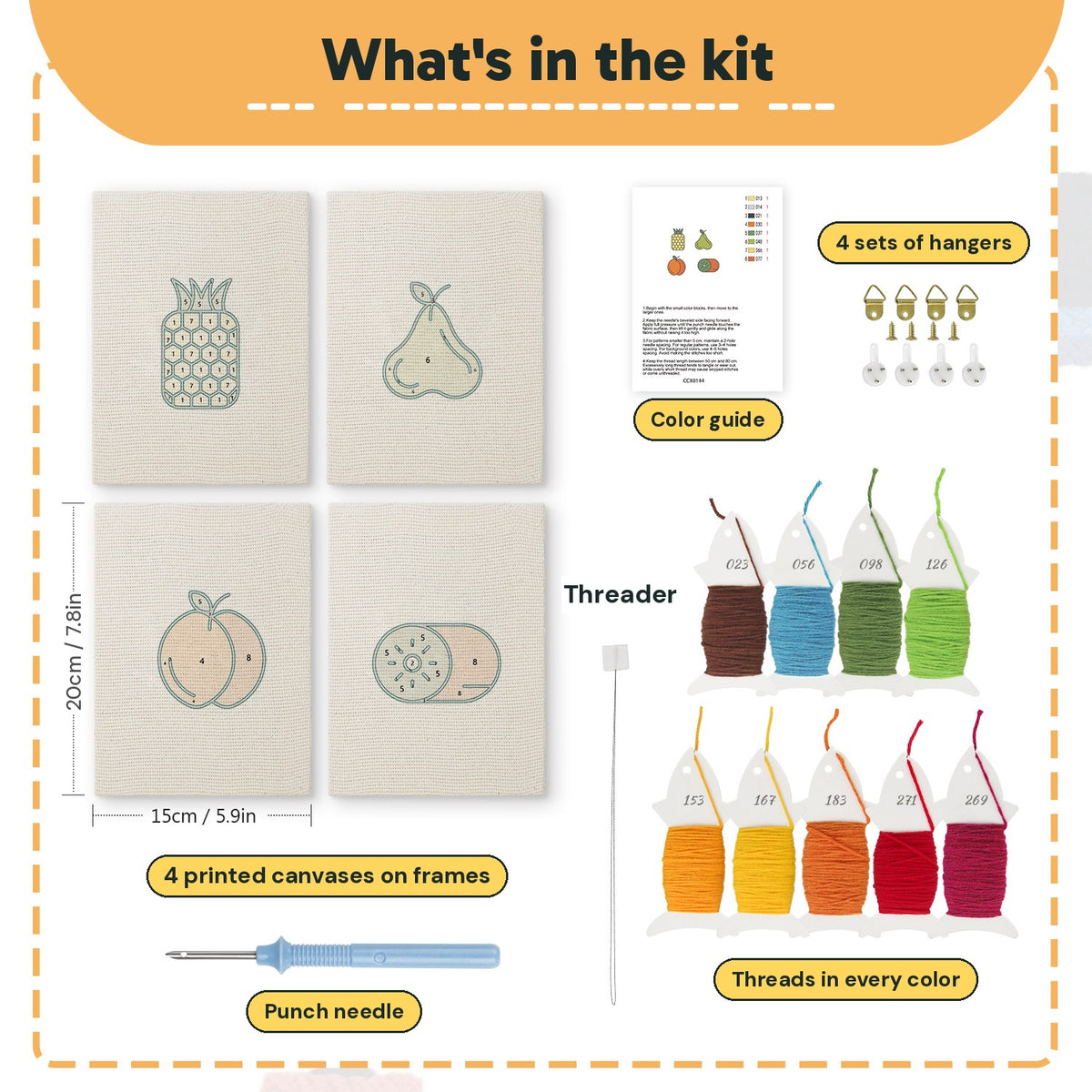 What is in the Pear Peach Pineapple set: 4 printed canvases, punch needle, threader, threads, color guide and 4 sets of hangers (6 × 8 in (15 × 20 cm) each)