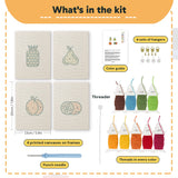 What is in the Pear Peach Pineapple set: 4 printed canvases, punch needle, threader, threads, color guide and 4 sets of hangers (6 × 8 in (15 × 20 cm) each)
