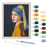 Pearl Earring Girl punch needle kit: finished canvas with threads, punch needle and threader