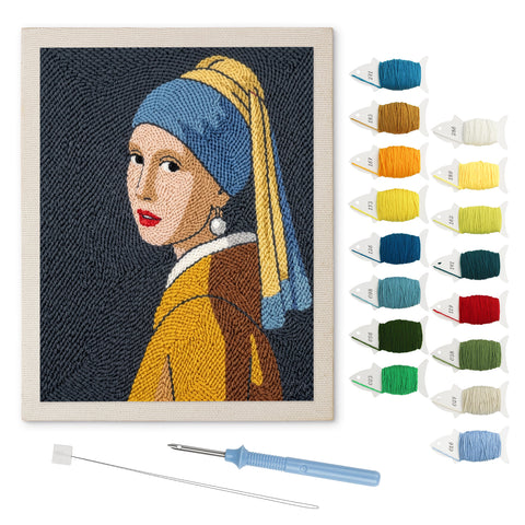 Pearl Earring Girl punch needle kit: finished canvas with threads, punch needle and threader