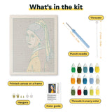 What is in the Pearl Earring Girl kit: printed canvas, punch needle, threader, threads, color guide and hangers