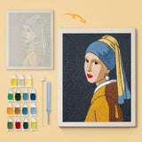 Pearl Earring Girl canvas before and after punching, with the threads and tools