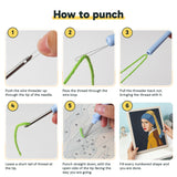 Six steps showing how to thread and use the punch needle