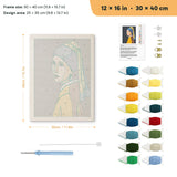 Pearl Earring Girl punch needle kit, 12 × 16 in (30 × 40 cm): canvas size and kit contents
