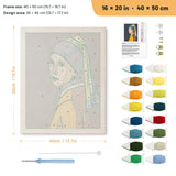 Pearl Earring Girl punch needle kit, 16 × 20 in (40 × 50 cm): canvas size and kit contents