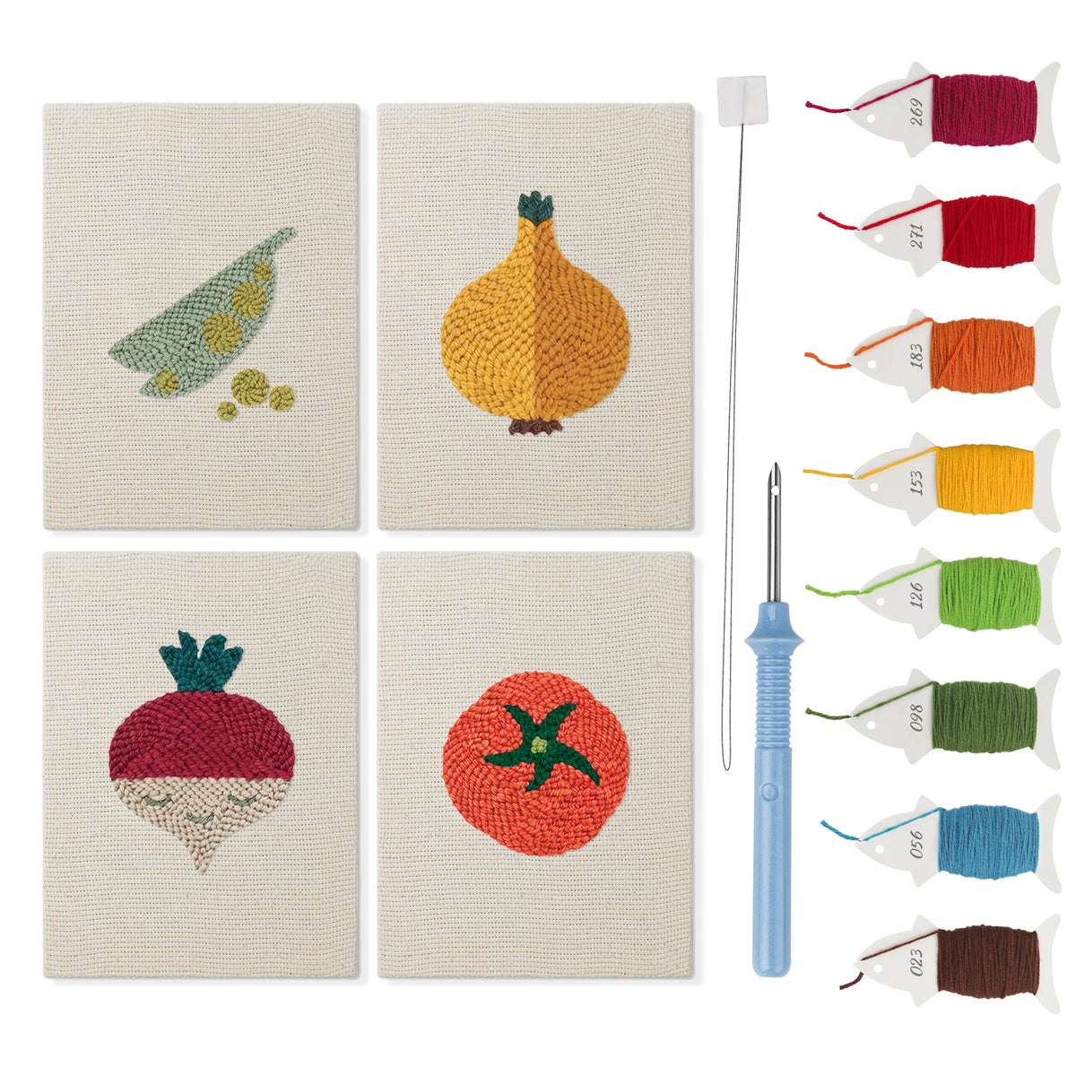 Peas and Tomato mini punch needle kit set: four finished canvases with threads, punch needle and threader