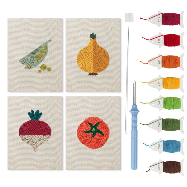 Peas and Tomato mini punch needle kit set: four finished canvases with threads, punch needle and threader
