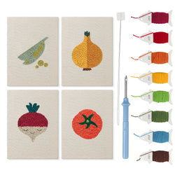 Peas and Tomato mini punch needle kit set: four finished canvases with threads, punch needle and threader