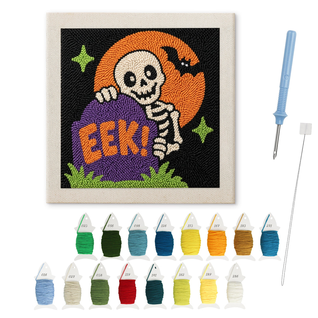 Peekaboo Skeleton punch needle kit: finished canvas with threads, punch needle and threader