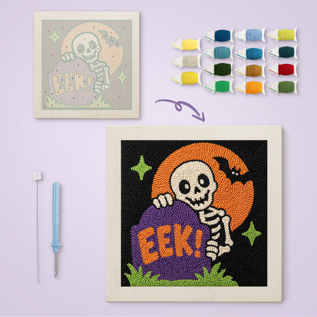Peekaboo Skeleton canvas before and after punching, with the threads and tools