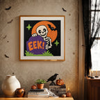 Finished Peekaboo Skeleton punch needle canvas on a wall